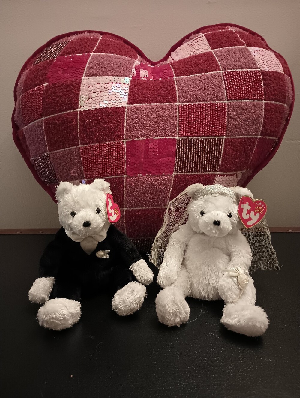 '02 Ty Beanie Babies Groom In Black Tuxedo & Bride In White Veil Wedding Bears